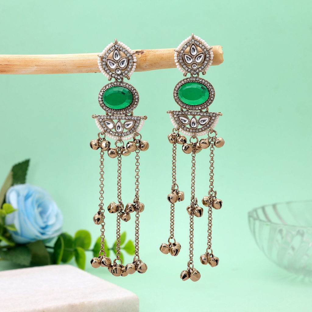 Green Color Long Kasmiri Earrings with Designer Finish