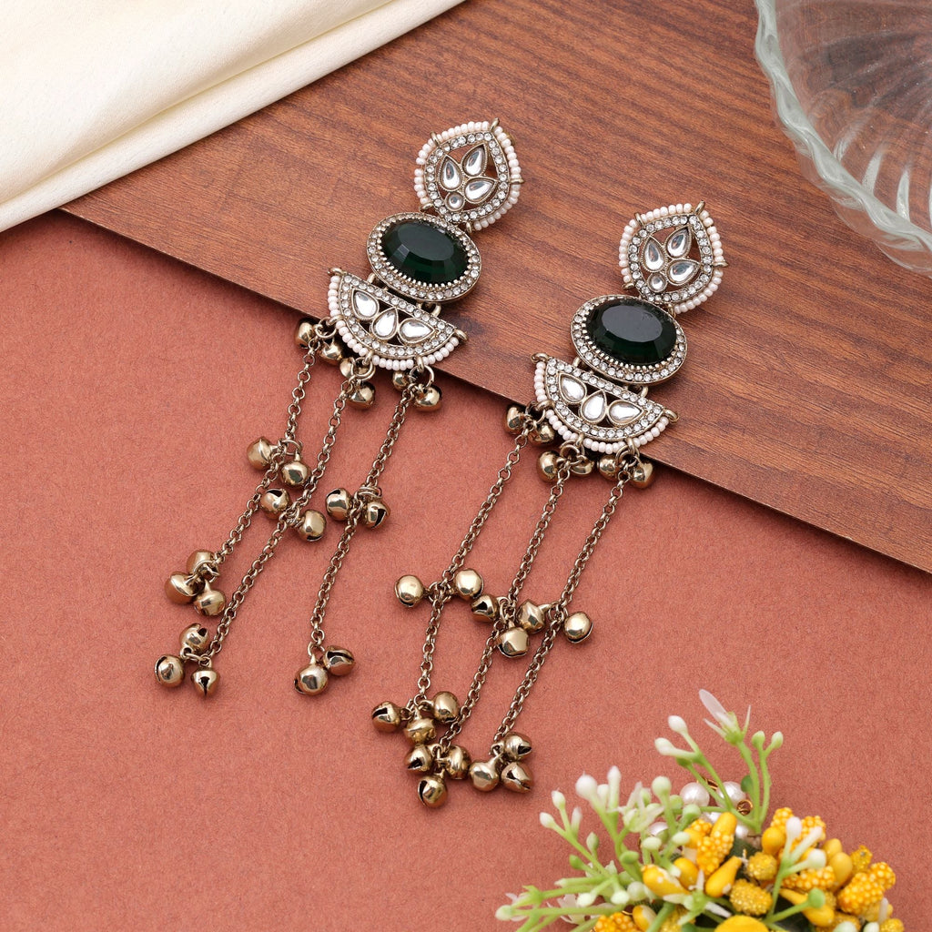 Green Color Long Kasmiri Earrings with Designer Finish