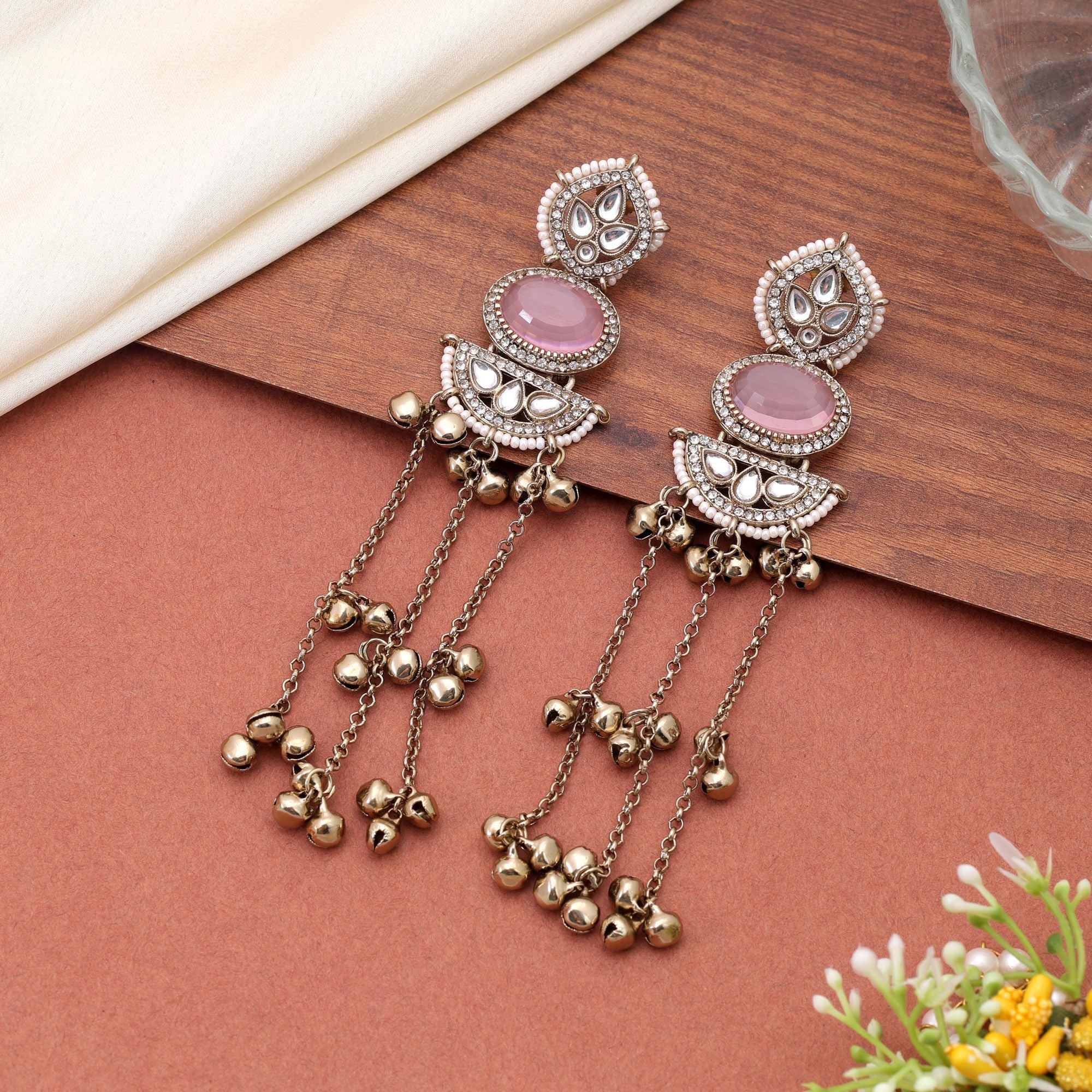 Light Pink Color Long Kasmiri Earrings with Fashion Style