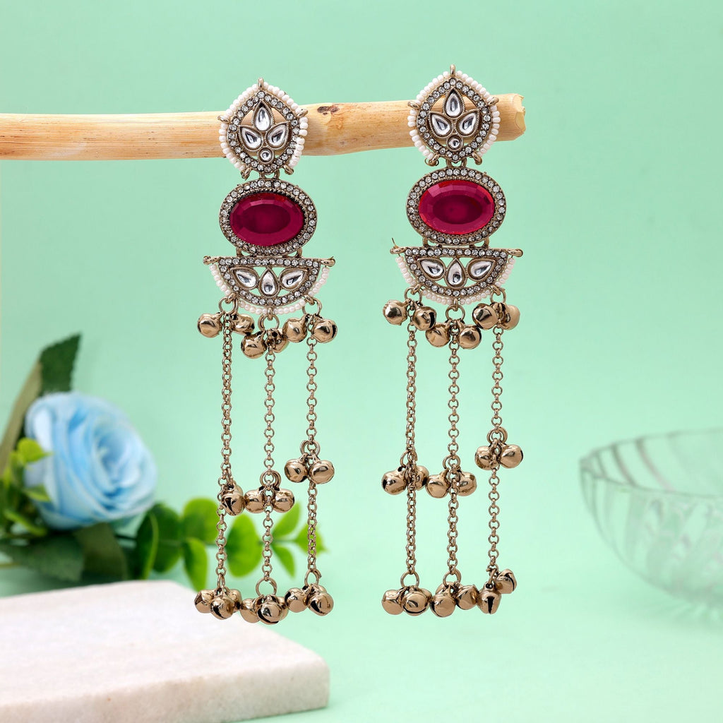 Pink Color Long Kasmiri Earrings with Handmade Design