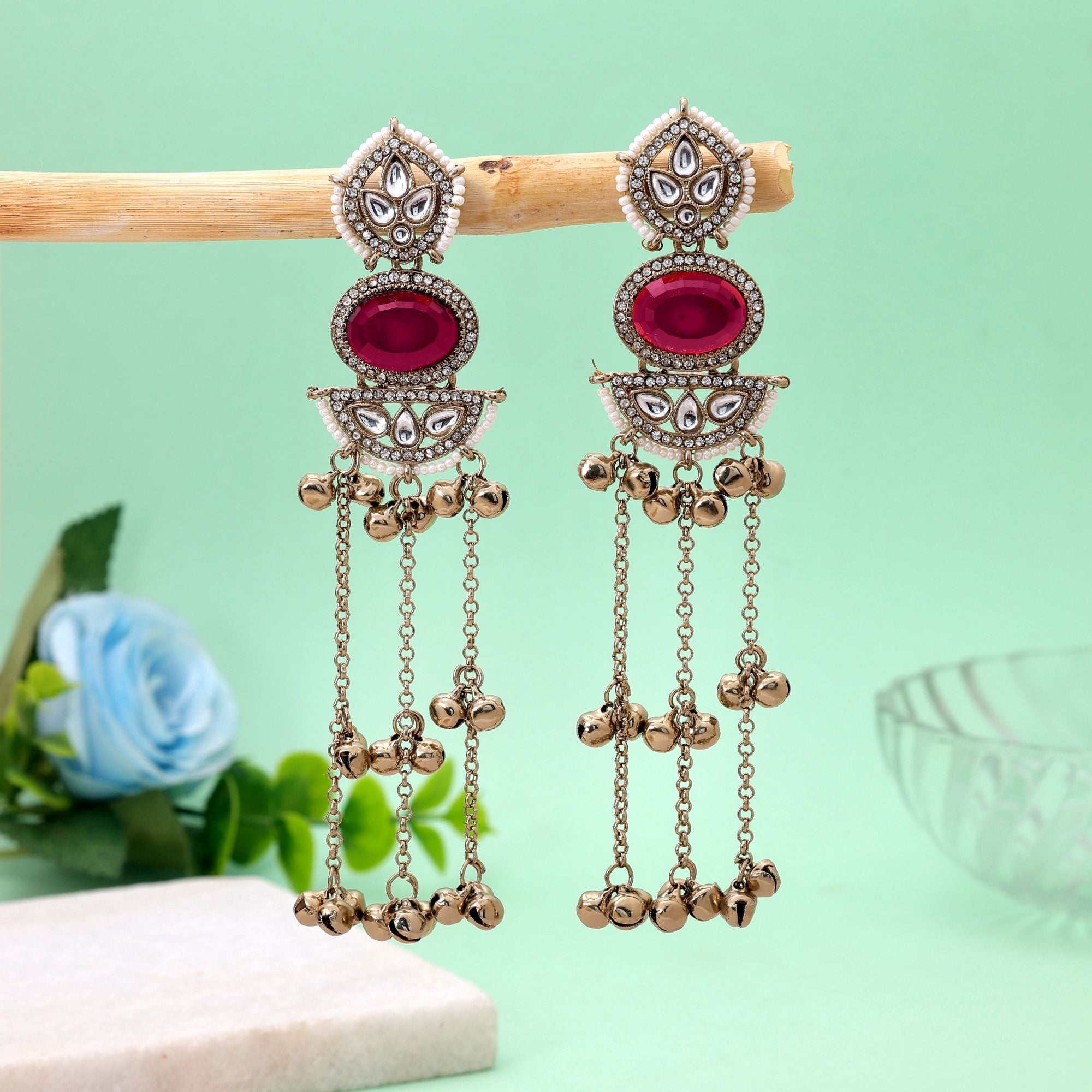 Pink Color Long Kasmiri Earrings with Handmade Design