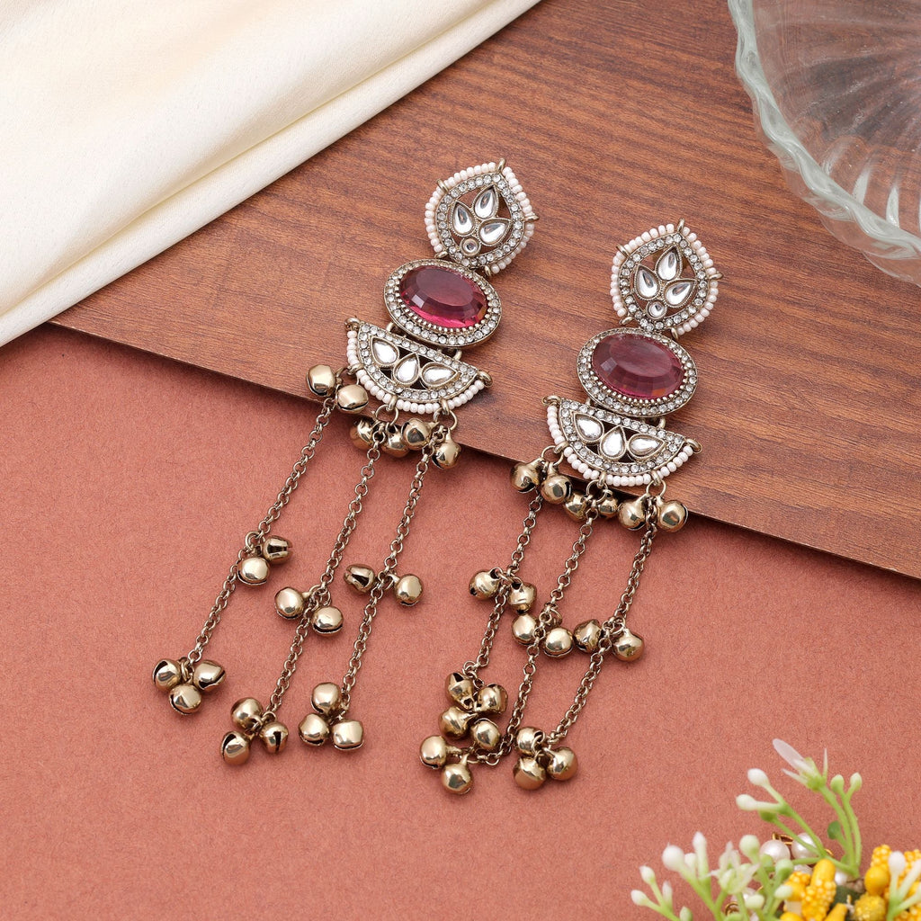 Pink Color Long Kasmiri Earrings with Handmade Design