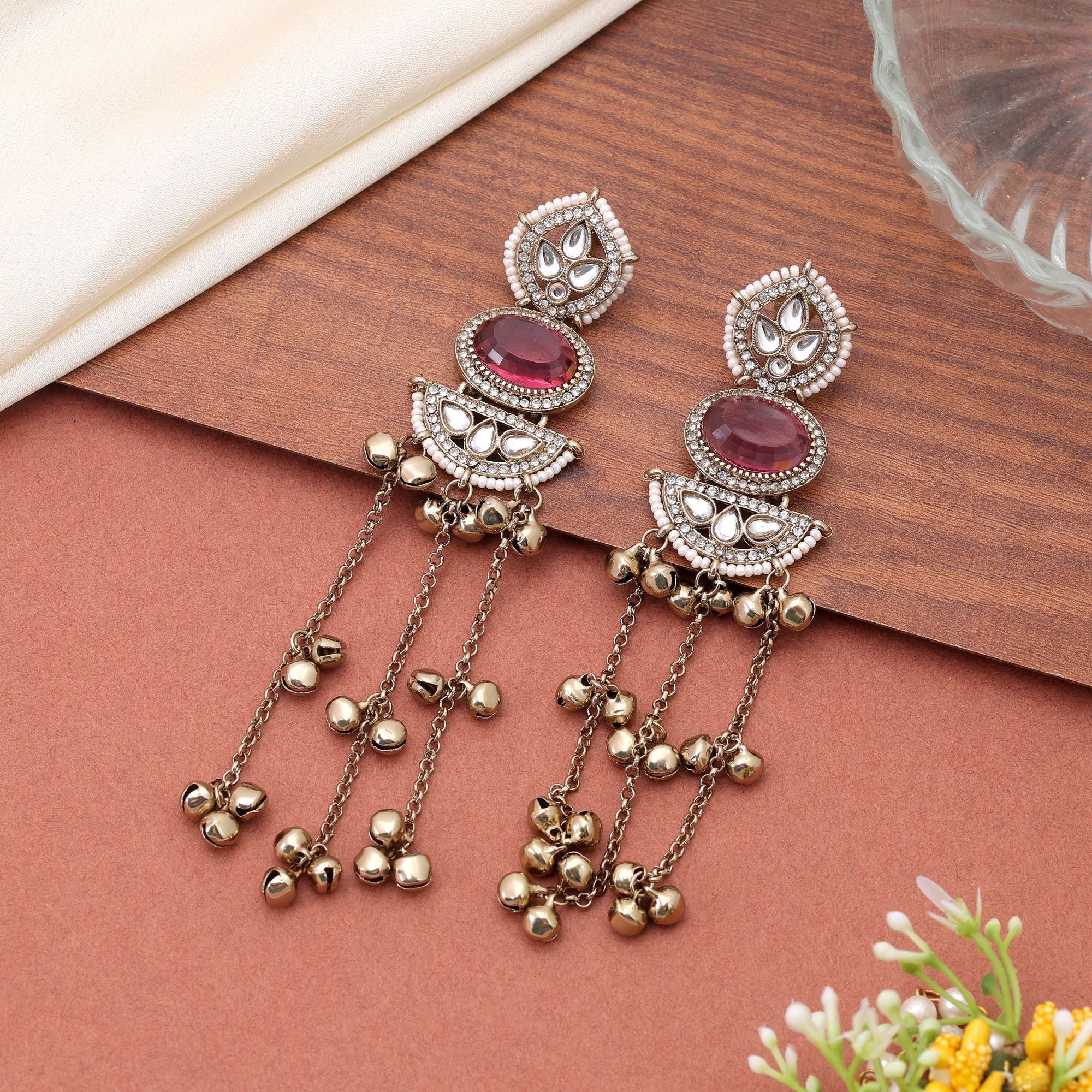 Pink Color Long Kasmiri Earrings with Handmade Design
