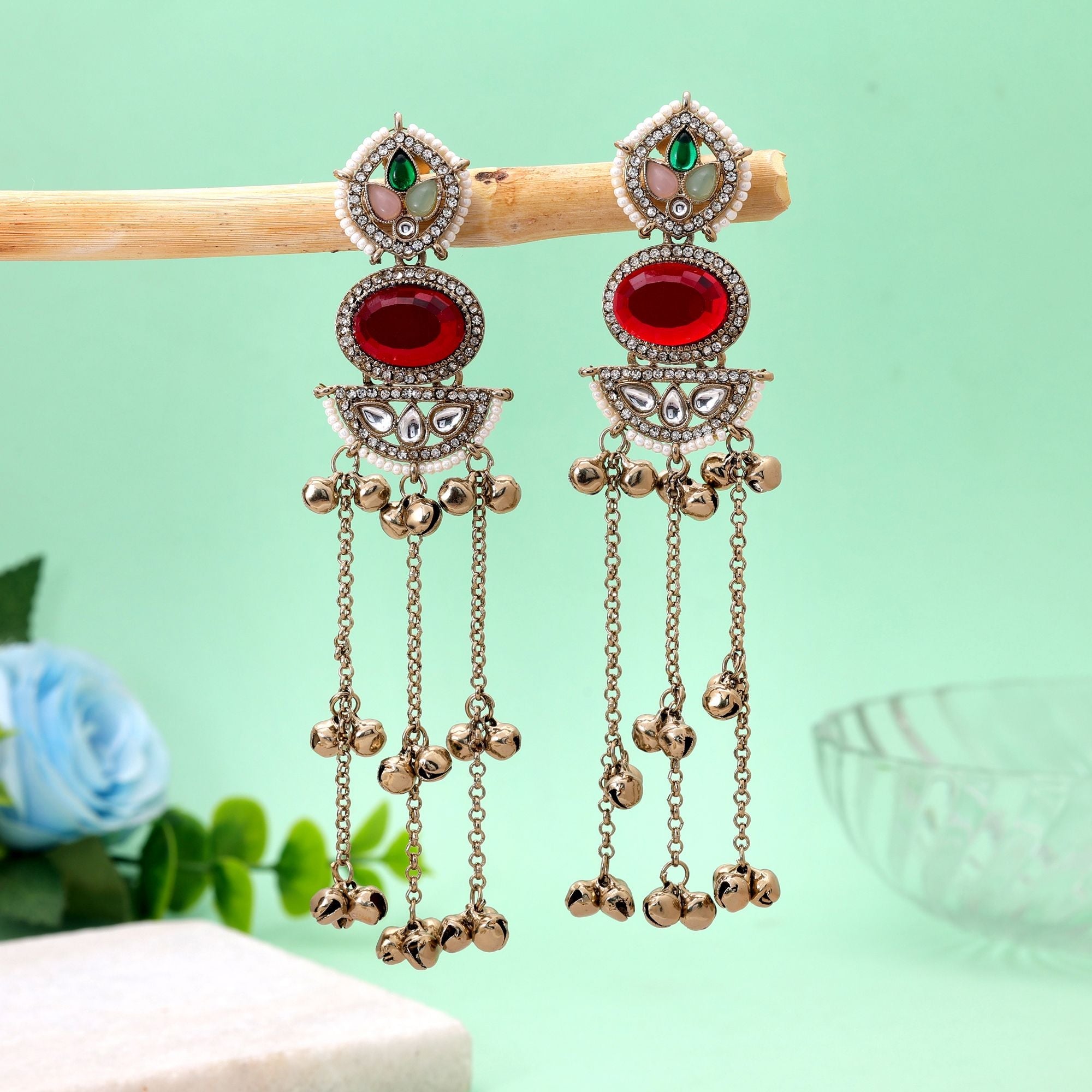 Red Color Long Kasmiri Earrings with Handmade Design