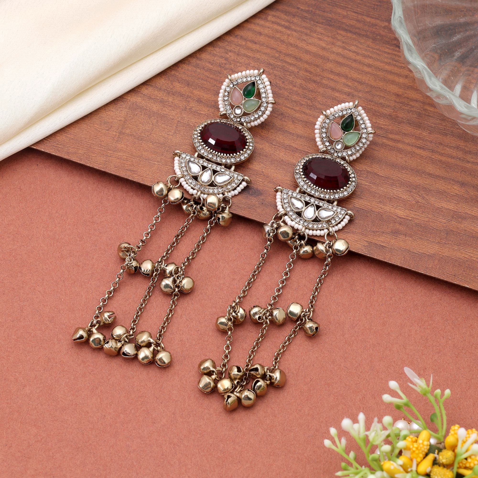 Red Color Long Kasmiri Earrings with Handmade Design