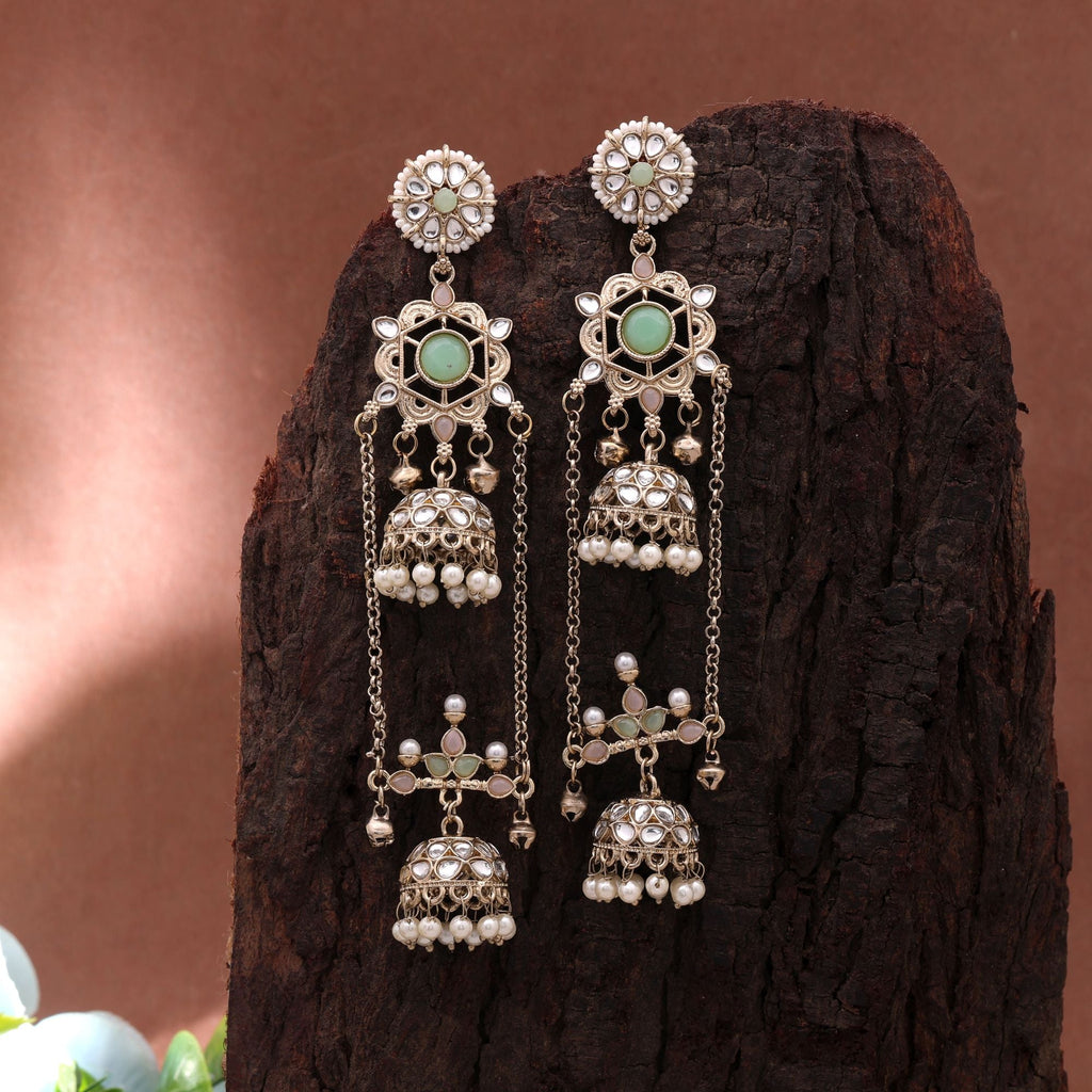 Lime Green Color Long Kashmiri Earrings with Handmade Design