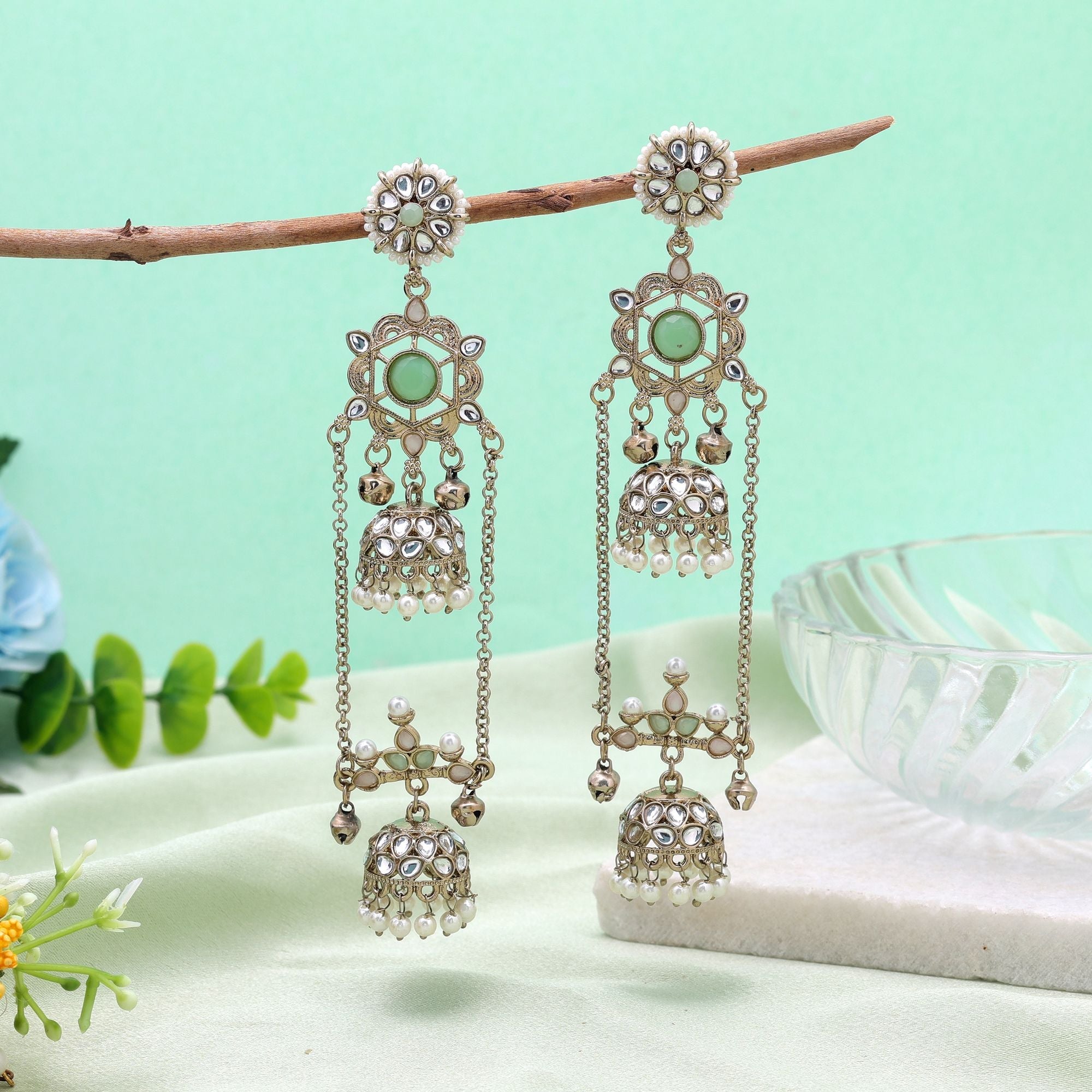 Lime Green Color Long Kashmiri Earrings with Handmade Design