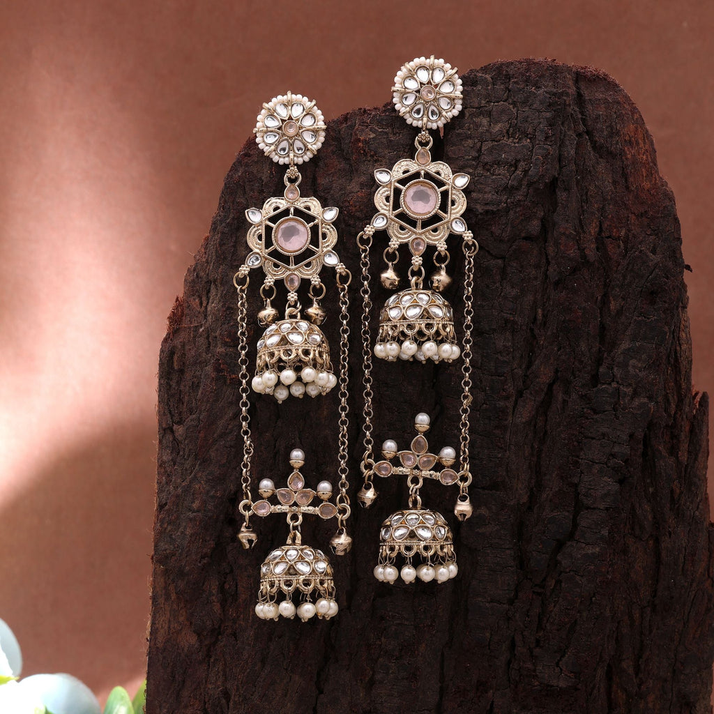 Light Pink Color Long Kashmiri Earrings with Handmade Style