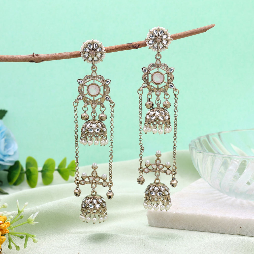 Light Pink Color Long Kashmiri Earrings with Handmade Style