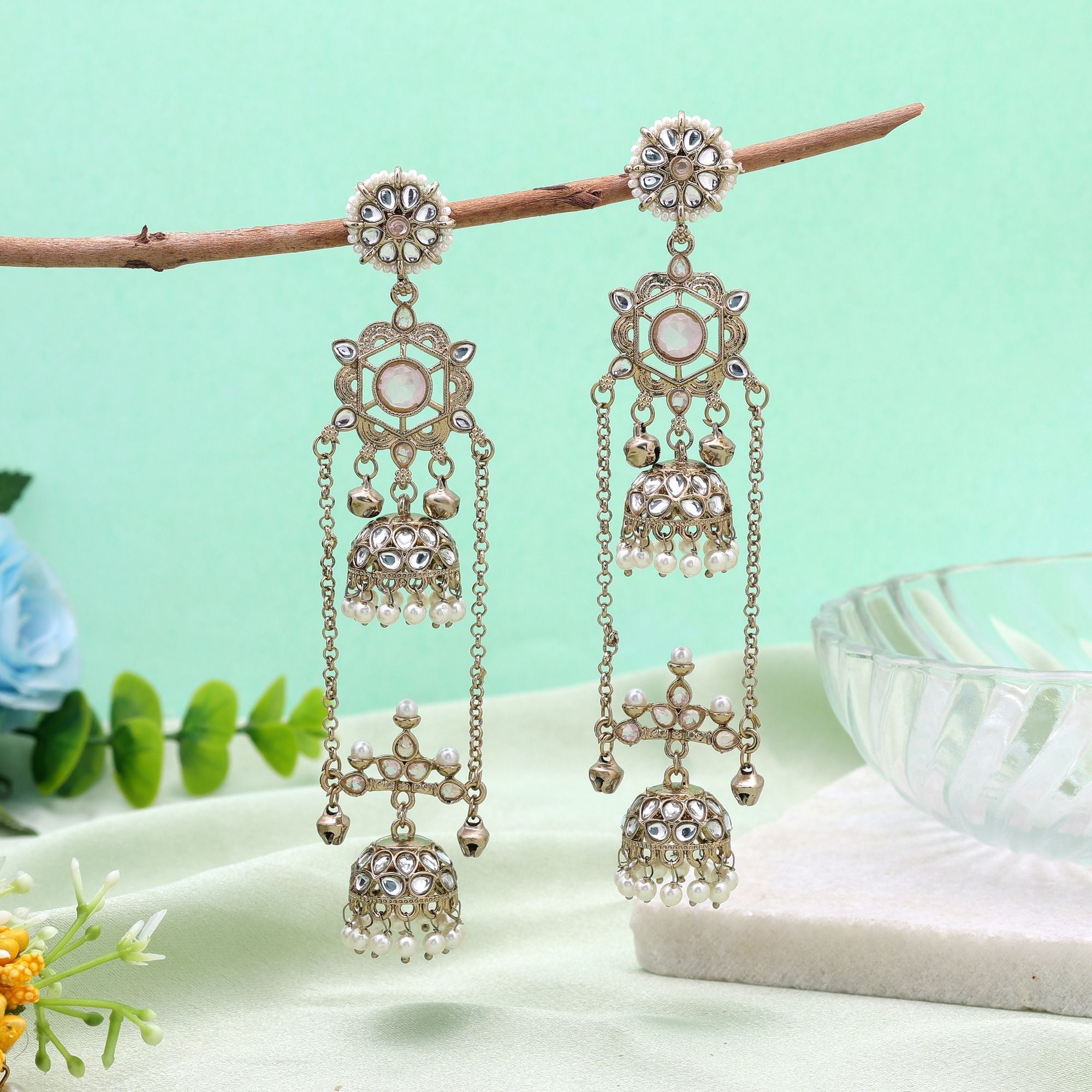 Light Pink Color Long Kashmiri Earrings with Handmade Style