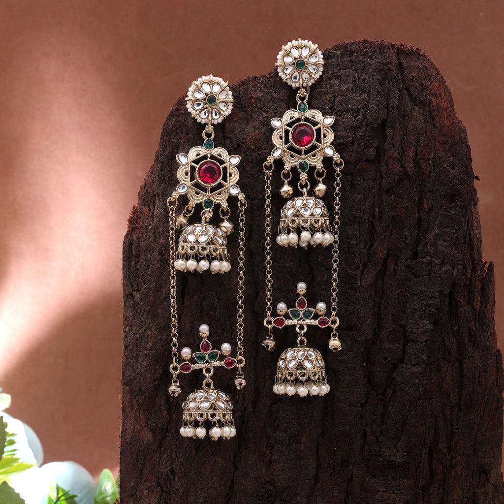 Rani Color Long Kashmiri Earrings with Traditional Design