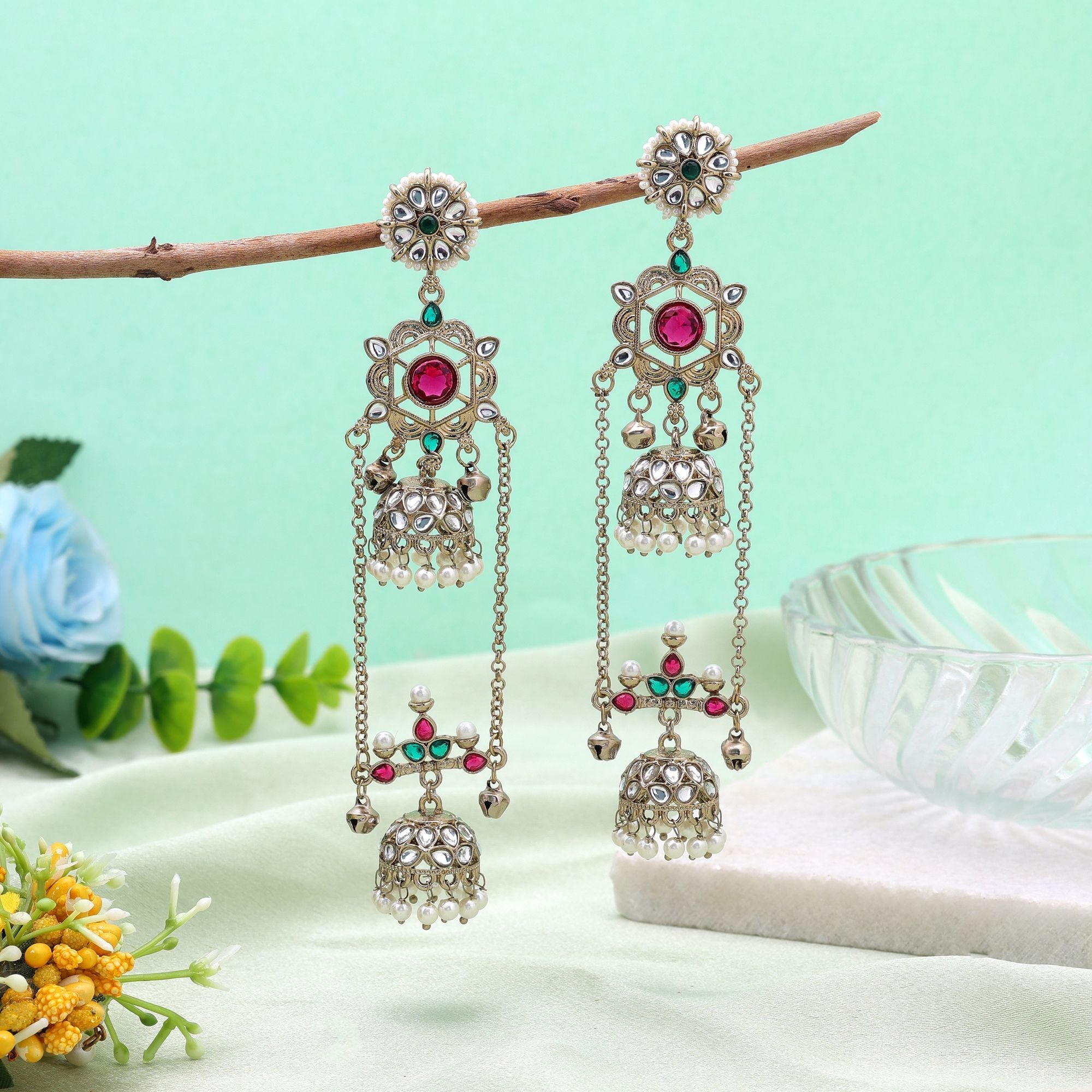 Rani Color Long Kashmiri Earrings with Traditional Design