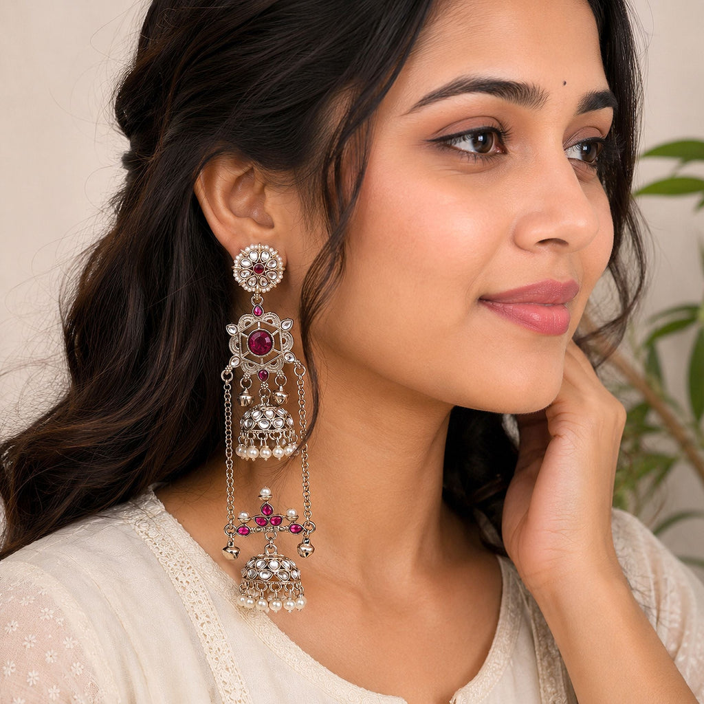 Rani Color Long Kashmiri Earrings Traditional Handmade Design