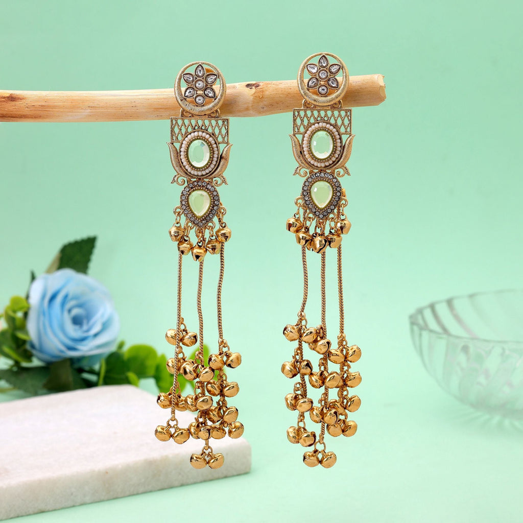 Lime Green Color Long Kashmiri Earrings with Designer Style