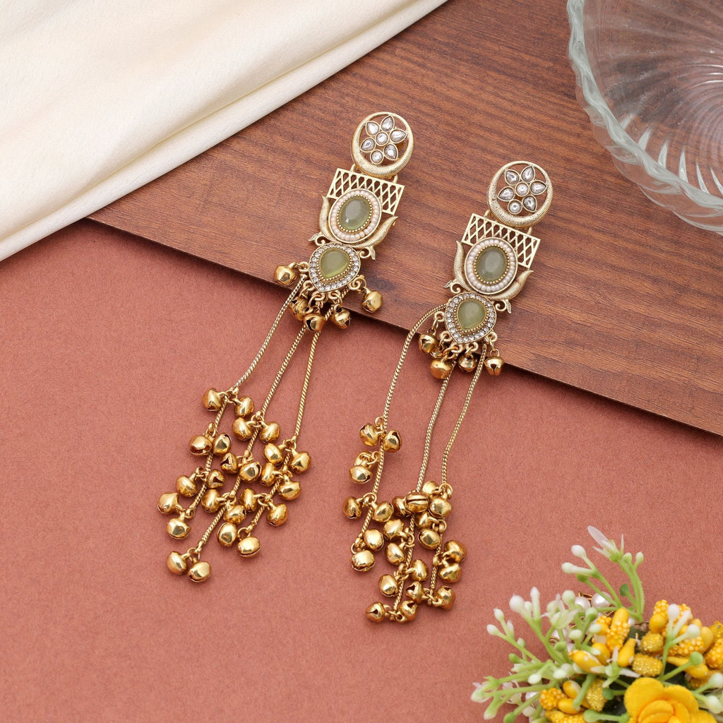Lime Green Color Long Kashmiri Earrings with Designer Style