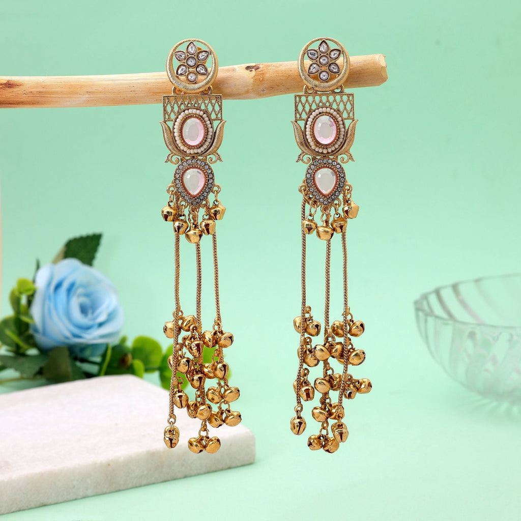 Light Pink Stone Long Kashmiri Earrings with Handmade Design