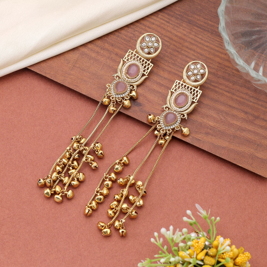 Light Pink Stone Long Kashmiri Earrings with Handmade Design