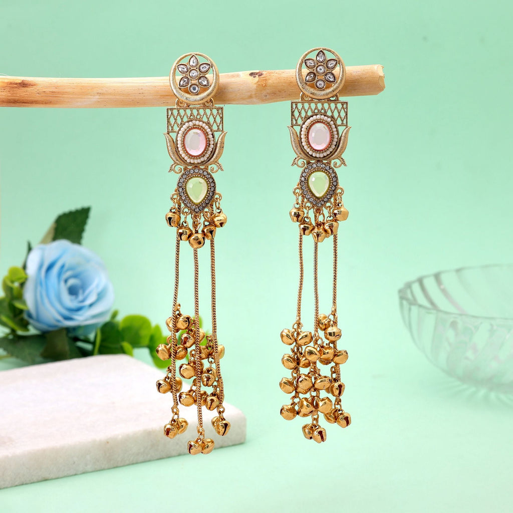 Light Pink & Lime Green Stone Long Kashmiri Earrings