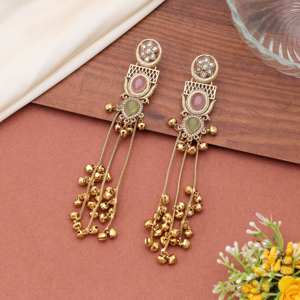 Light Pink & Lime Green Stone Long Kashmiri Earrings