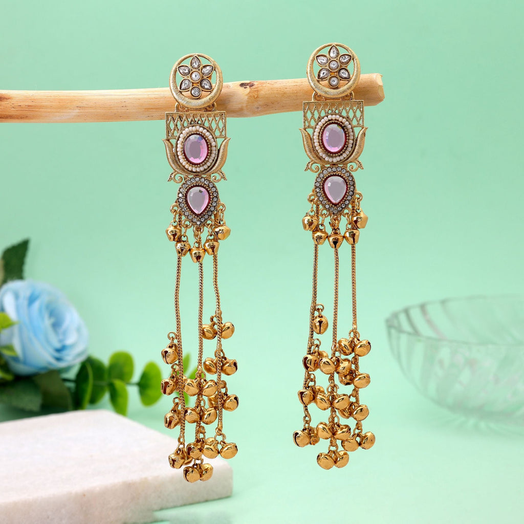 Pink Color Long Kashmiri Earrings with Ethnic Fashion Style