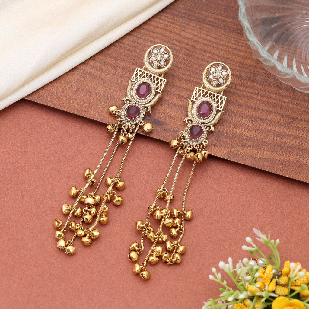 Pink Color Long Kashmiri Earrings with Ethnic Fashion Style
