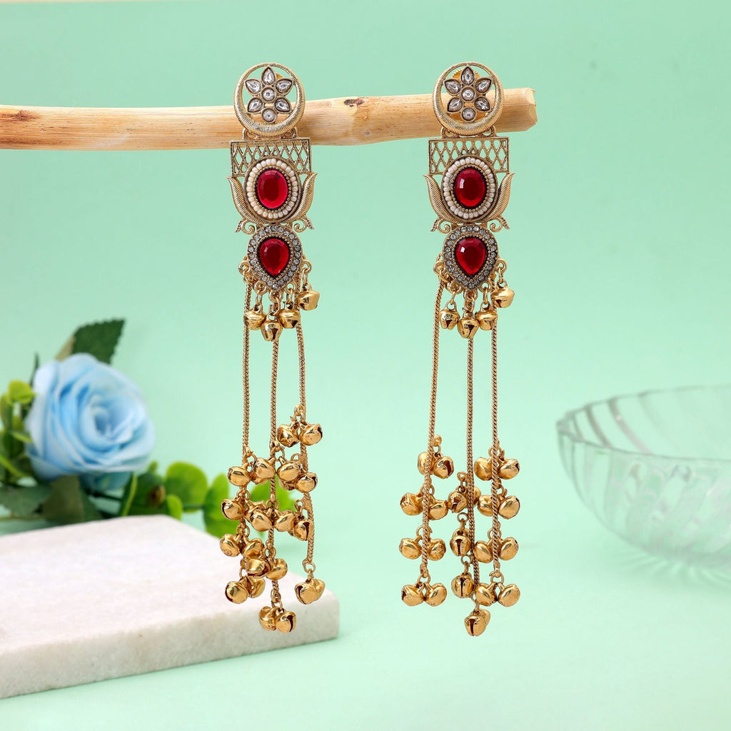 Red Color Long Kashmiri Earrings with Handmade Ethnic Style