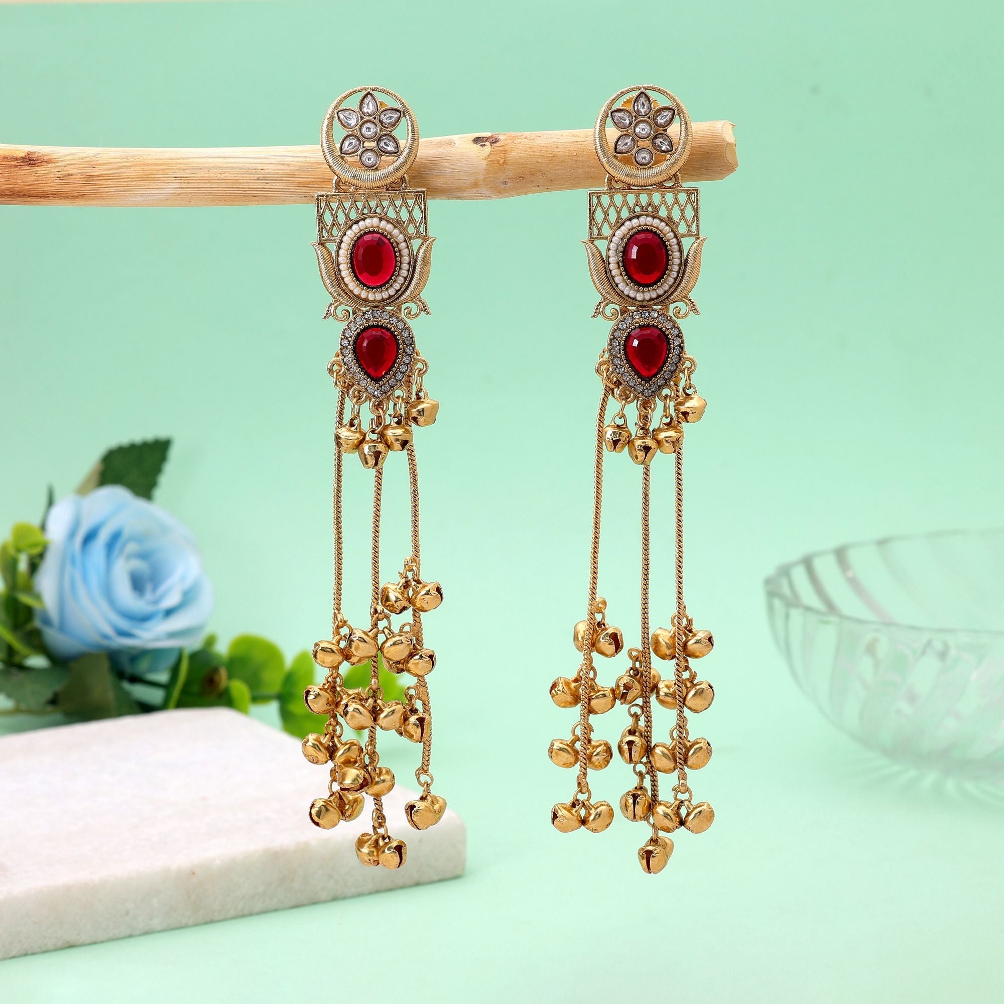 Red Color Long Kashmiri Earrings with Handmade Ethnic Style