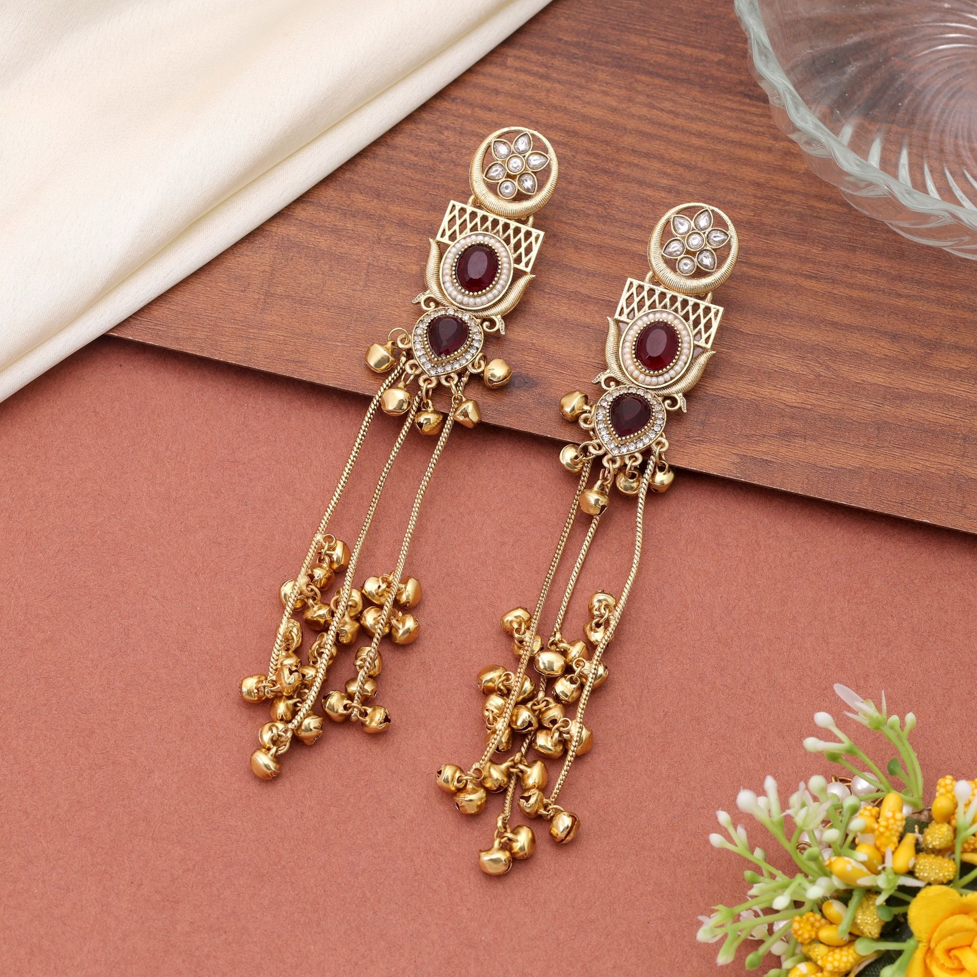 Red Color Long Kashmiri Earrings with Handmade Ethnic Style