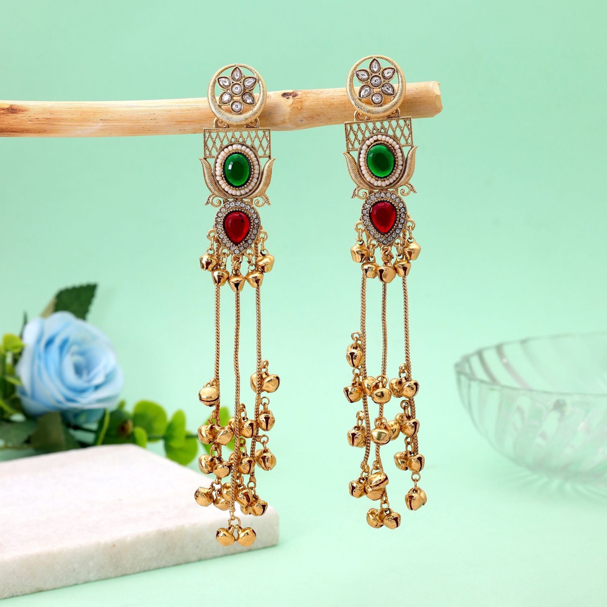 Red & Green Color Long Kashmiri Earrings with Festive Design
