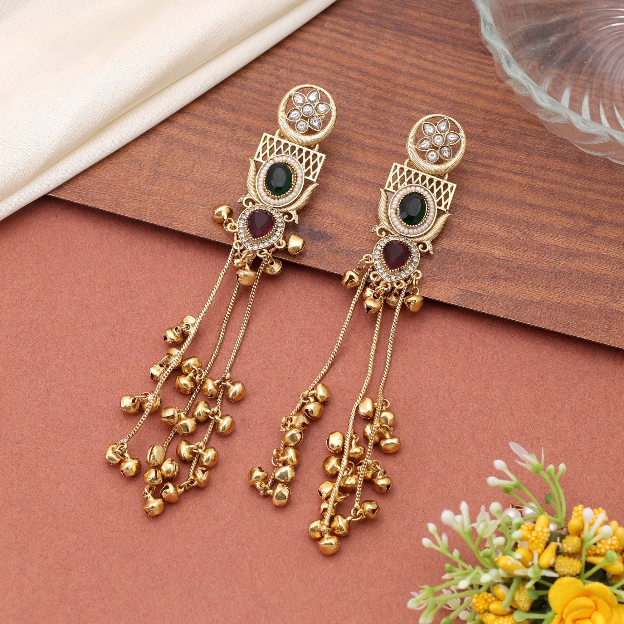 Red & Green Color Long Kashmiri Earrings with Festive Design