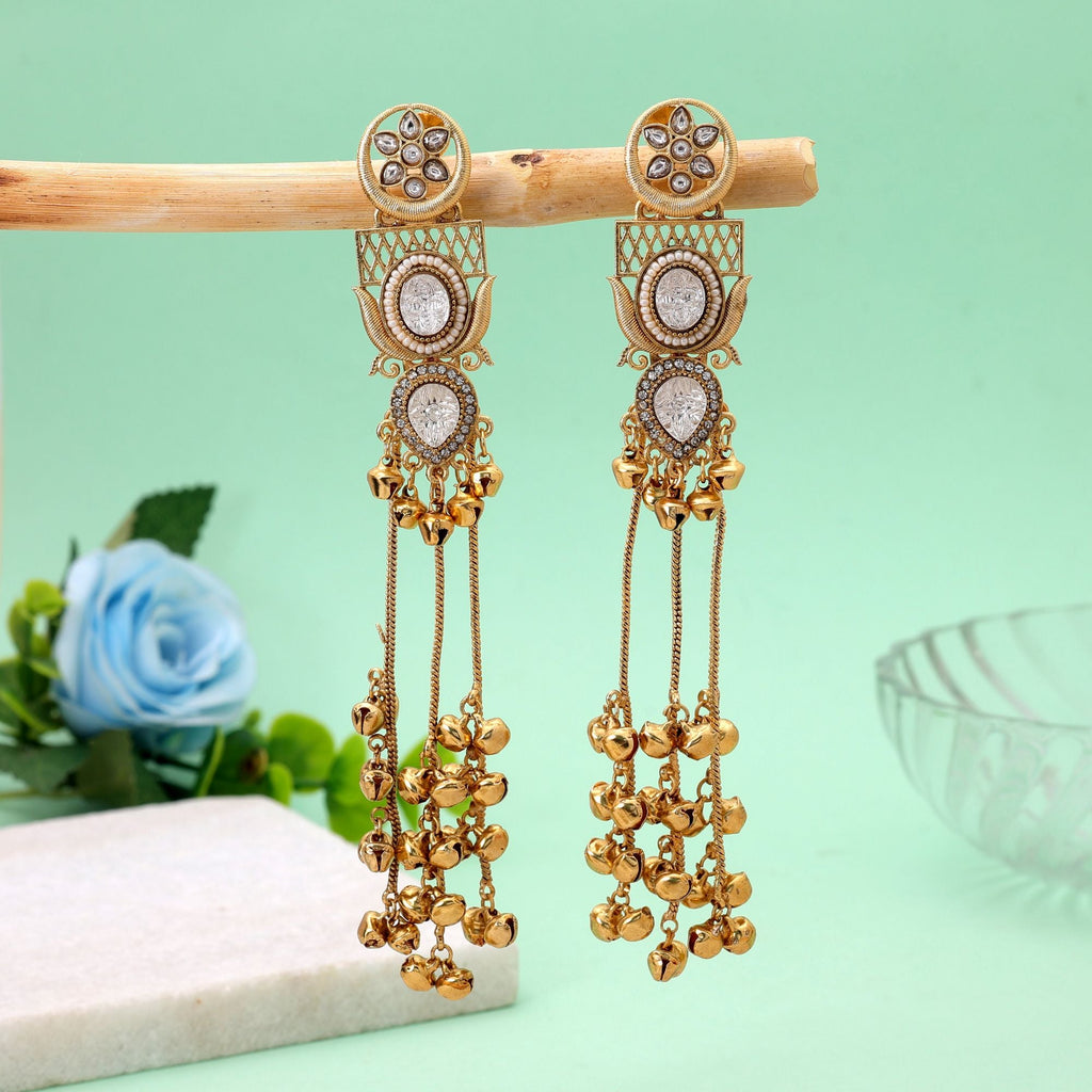 White Color Long Kashmiri Earrings with Traditional Appeal