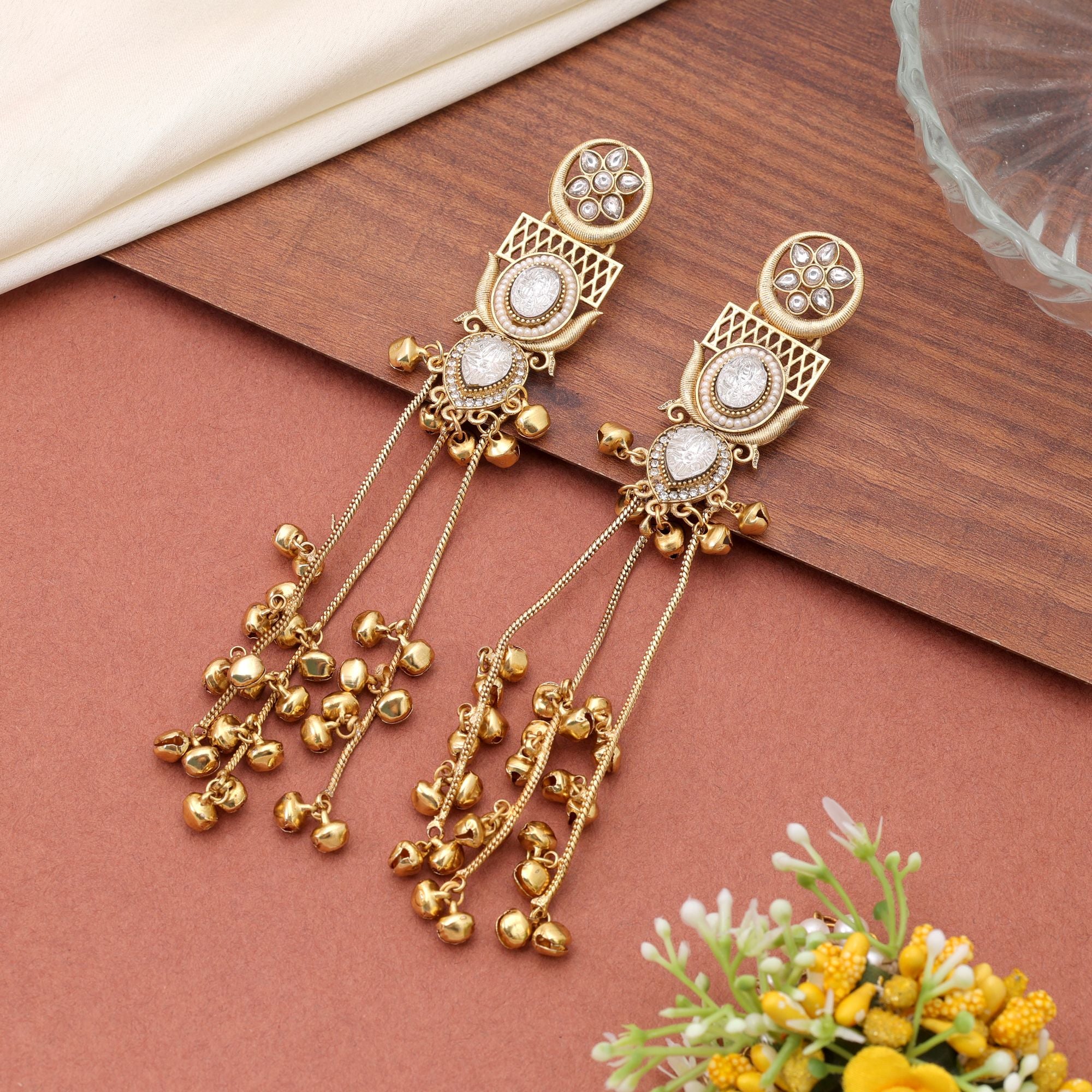 White Color Long Kashmiri Earrings with Traditional Appeal