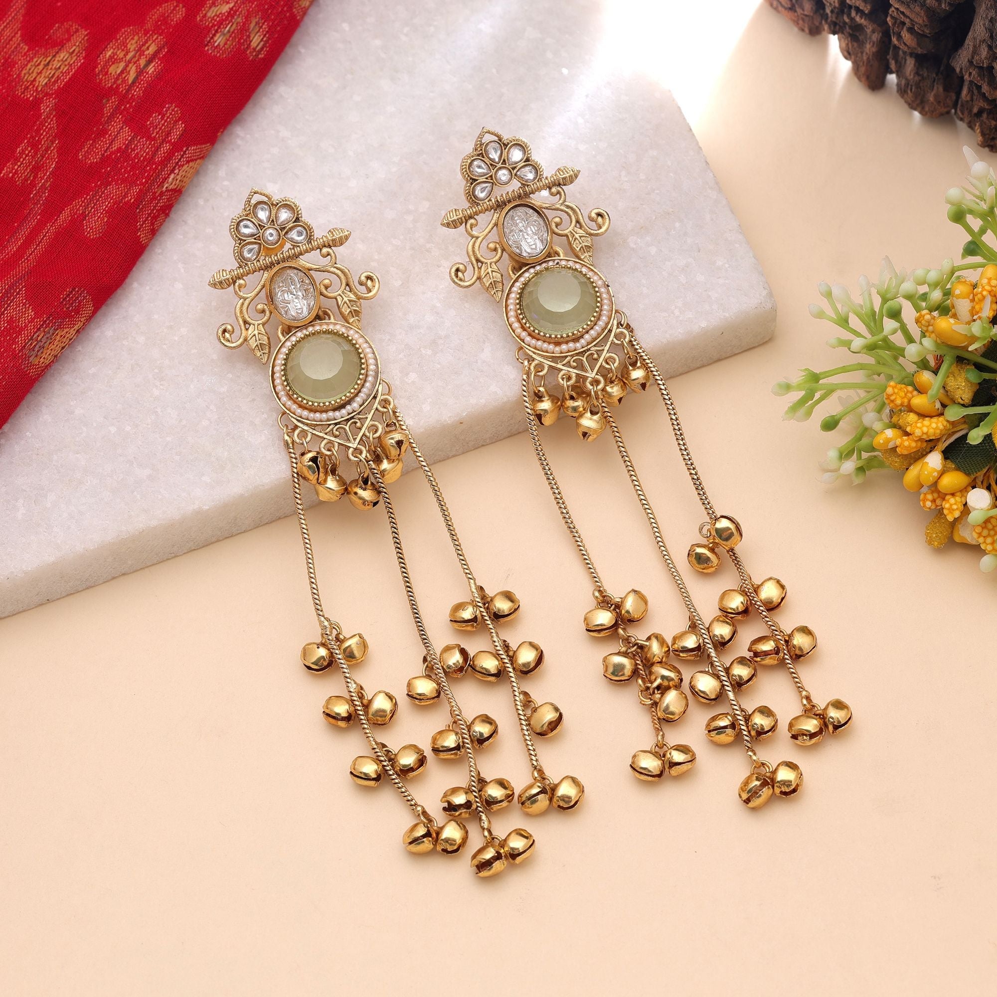 Lime Green Color Long Kashmiri Earrings with Handmade Style
