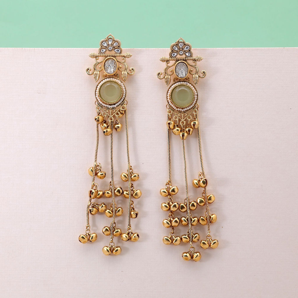 Lime Green Color Long Kashmiri Earrings with Handmade Style