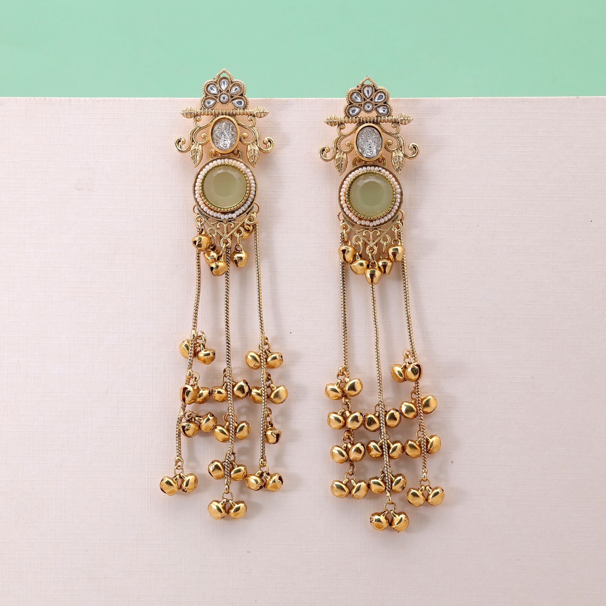 Lime Green Color Long Kashmiri Earrings with Handmade Style