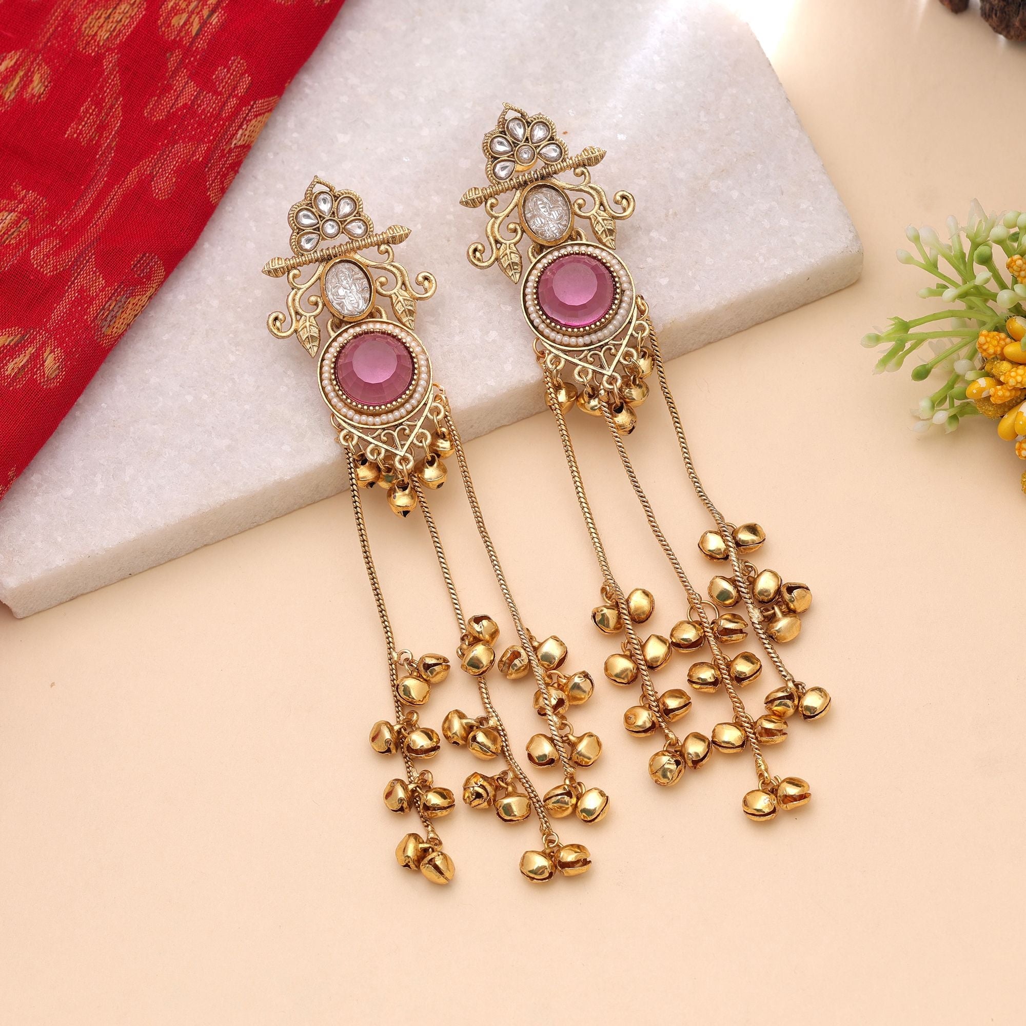Pink Color Long Kashmiri Earrings with Handmade Design