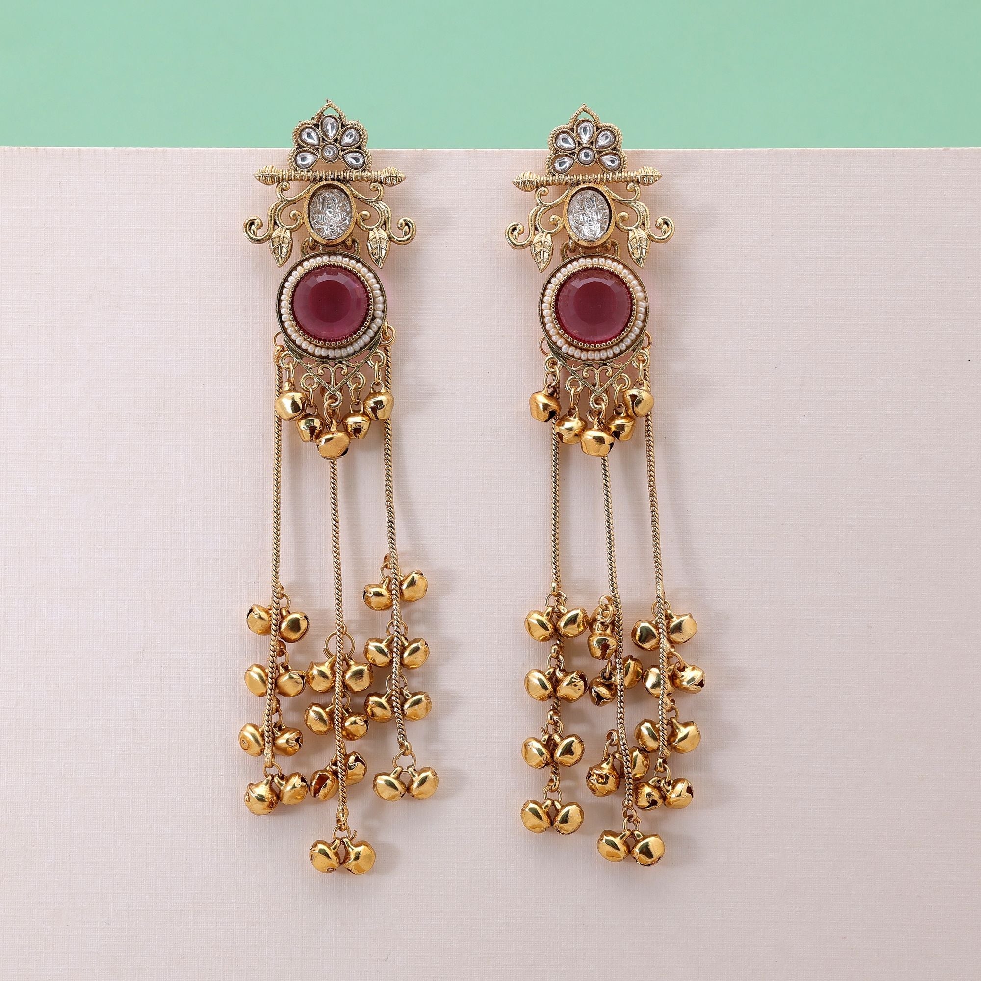 Pink Color Long Kashmiri Earrings with Handmade Design