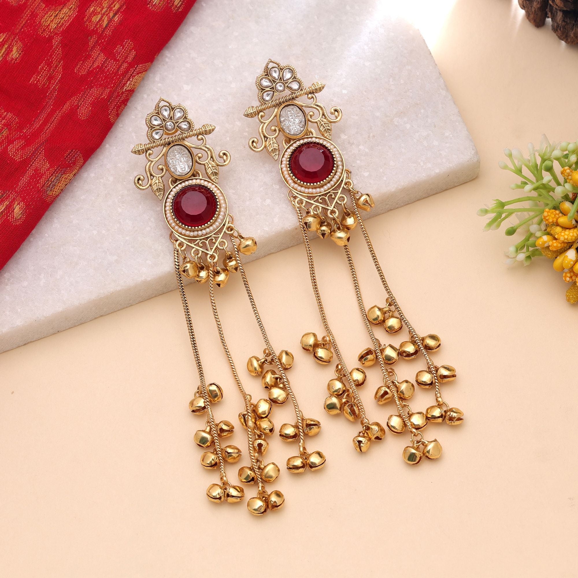 Red Color Long Kashmiri Earrings with Ethnic Design