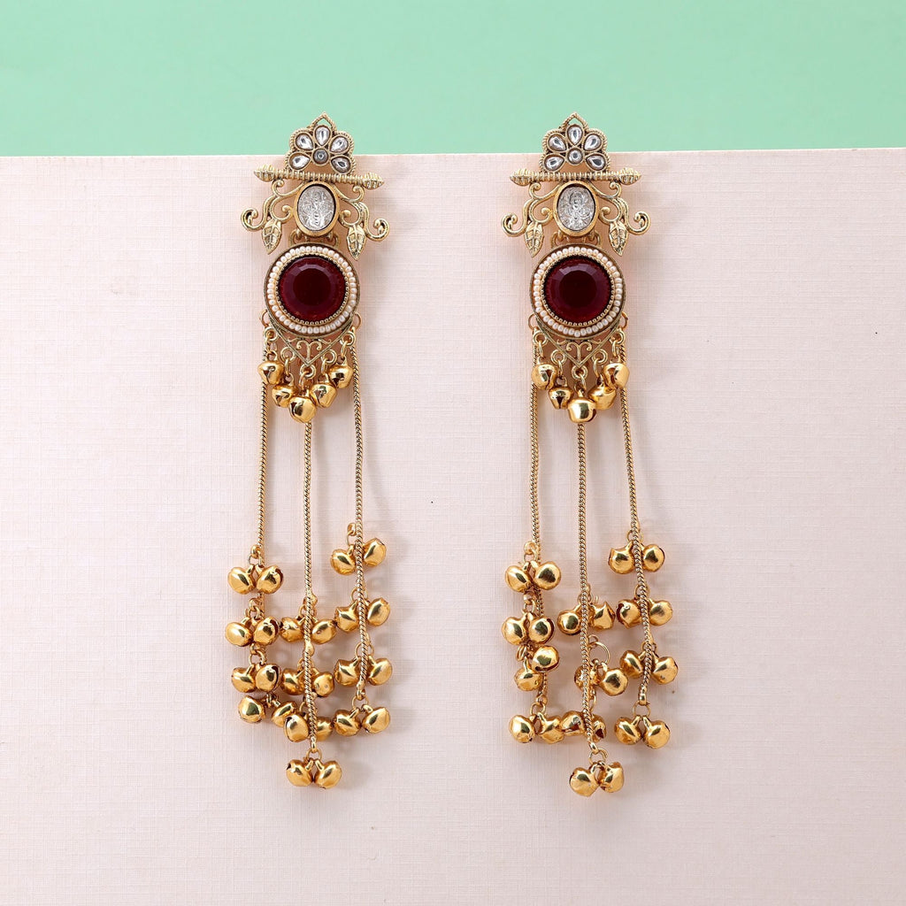 Red Color Long Kashmiri Earrings with Ethnic Design