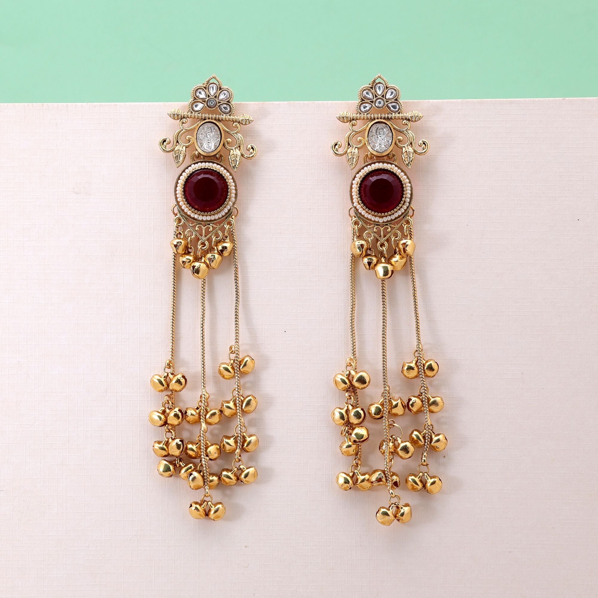 Red Color Long Kashmiri Earrings with Ethnic Design