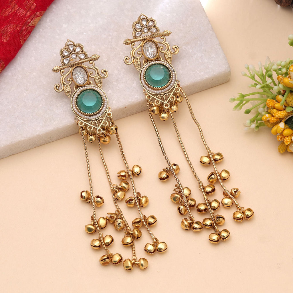 Rama Green Color Long Kashmiri Earrings with Traditional Art