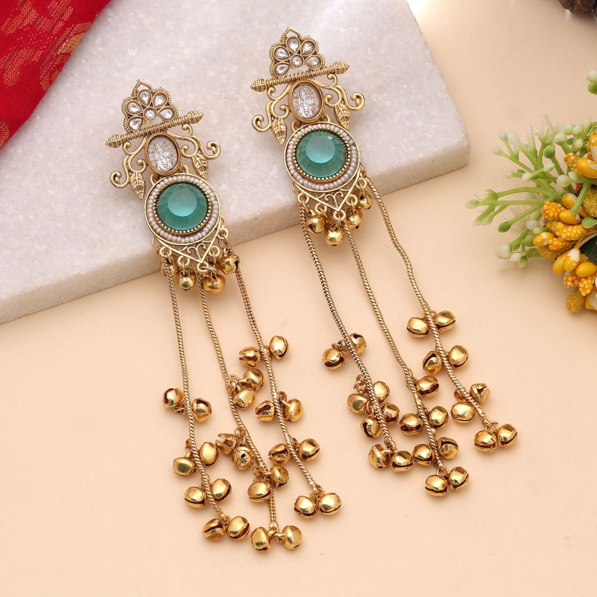 Rama Green Color Long Kashmiri Earrings with Traditional Art