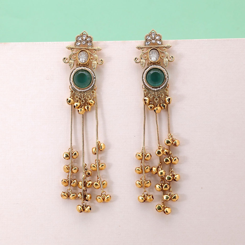 Rama Green Color Long Kashmiri Earrings with Traditional Art