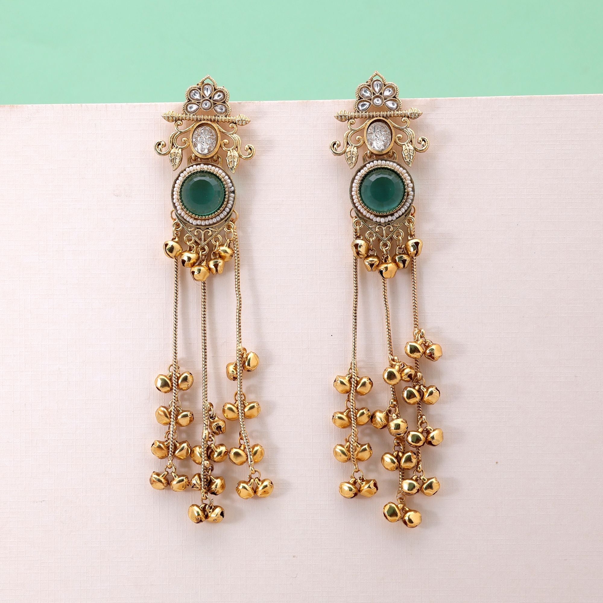 Rama Green Color Long Kashmiri Earrings with Traditional Art