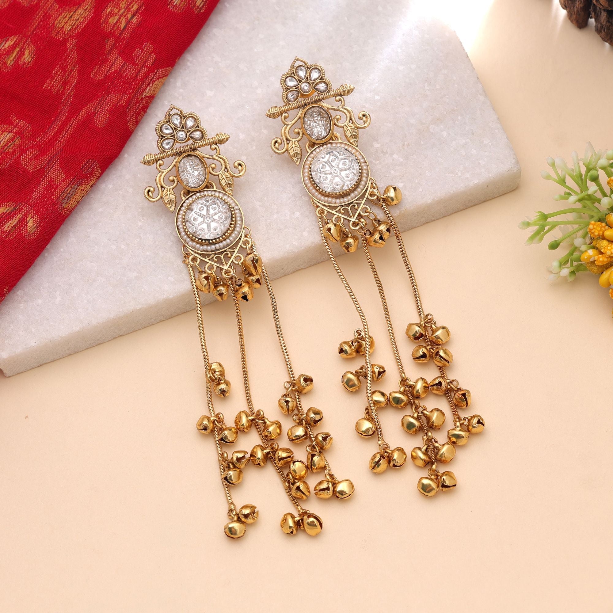White Color Long Kashmiri Earrings with Traditional Style