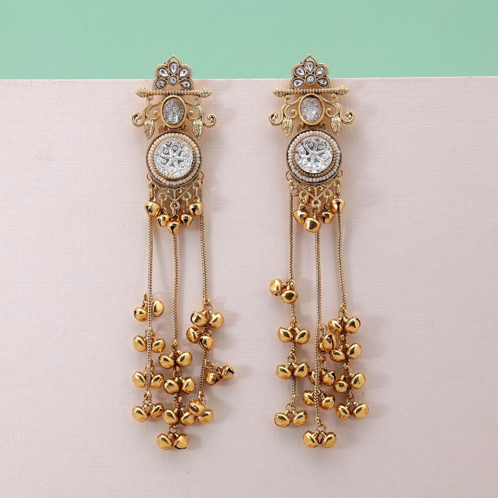 White Color Long Kashmiri Earrings with Traditional Style