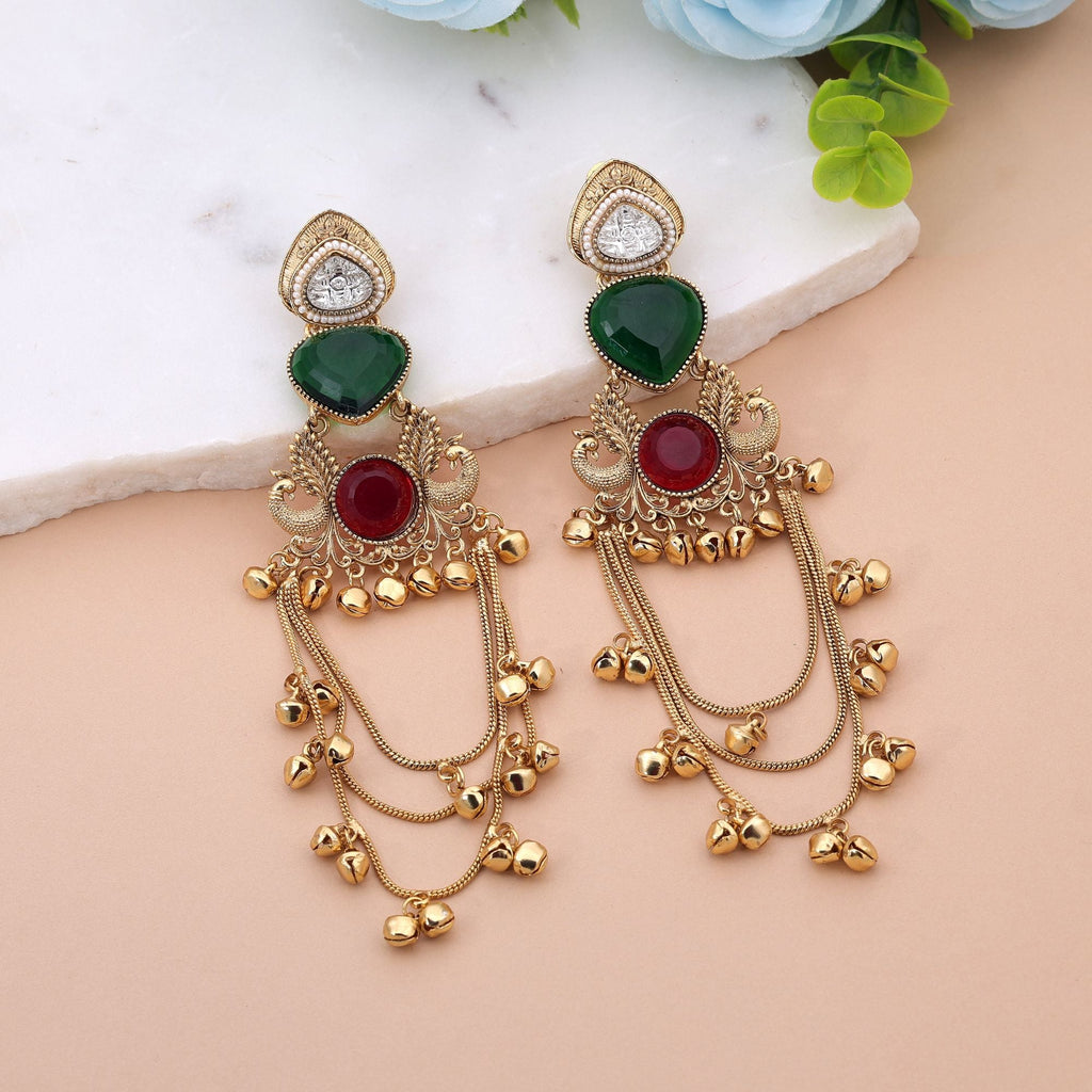 Green & Red Color Long Kashmiri Earrings with Festive Design