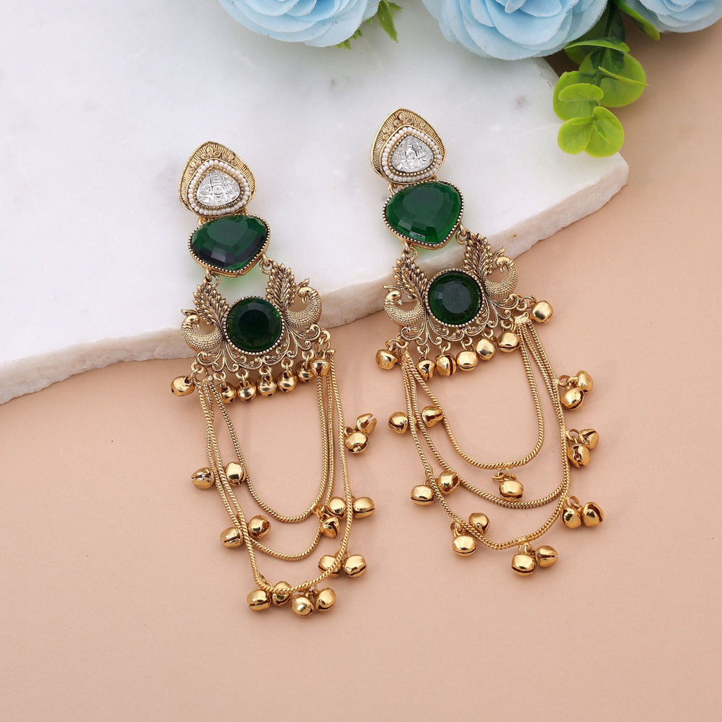 Green Color Long Kashmiri Earrings with Handmade Appeal