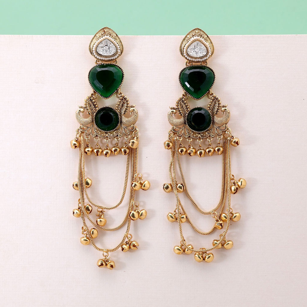 Green Color Long Kashmiri Earrings with Handmade Appeal
