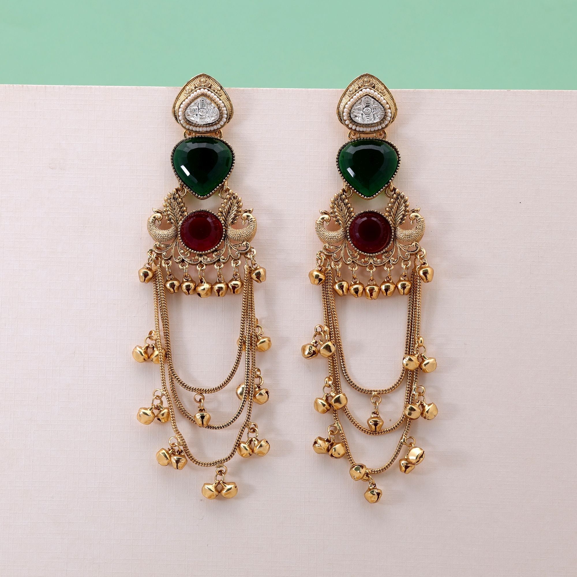 Green & Red Color Long Kashmiri Earrings with Festive Design